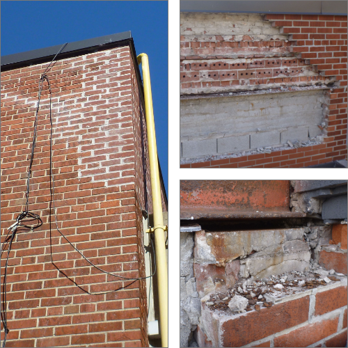 Masonry restoration, brick replacement, steel lintel repair